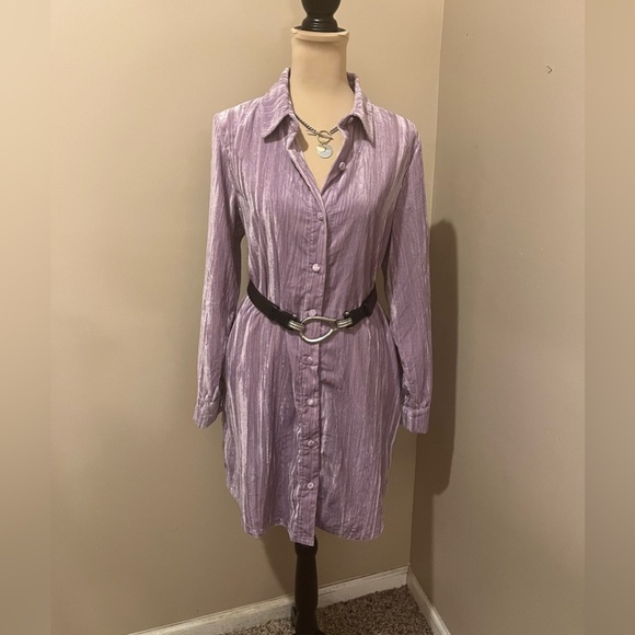 Collared Crinkle Velvet Lavender Shirt Dress (No Belt), size L - Picture 2 of 11